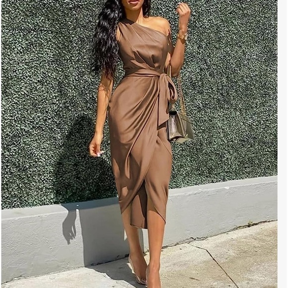 pretty garden Dresses & Skirts - PRETTYGARDEN Ruched Bodycon Dress One Shoulder Wrap Satin Cocktail Midi Dress